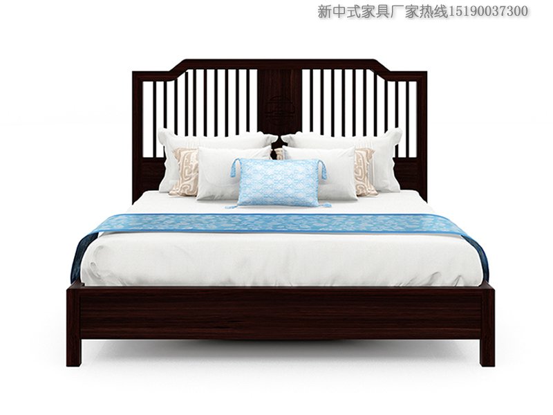 新中式風格床深胡桃木色柵欄床實木大床定制
