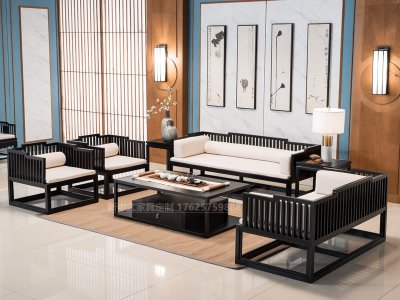 新中式沙發組合，實木沙發組合，實木布藝酒店會所沙發定制20